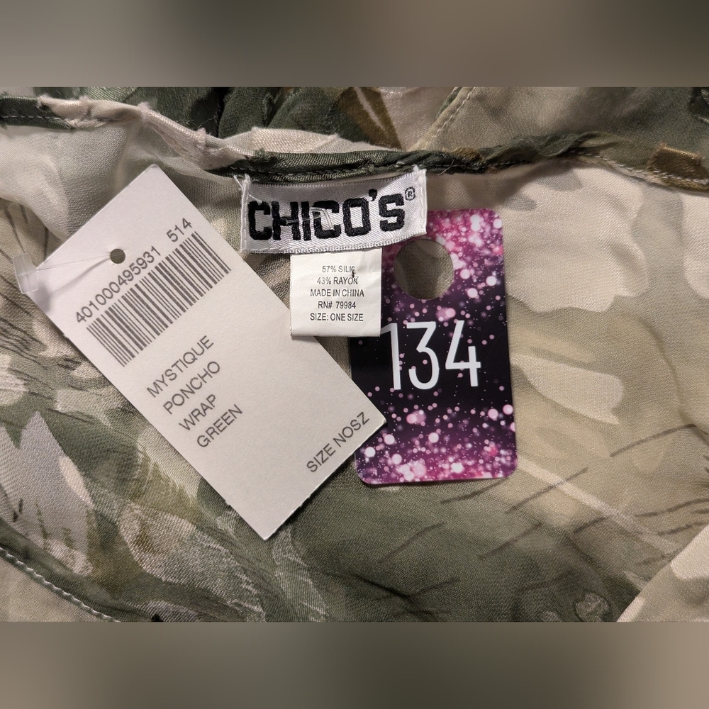 Chico's Silk Blend, Sheer Green Floral Print Poncho - Picture 5 of 5